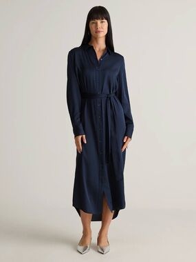 Quince 100% silk Navy Button-Front Shirt Midi Dress with Tie Waist